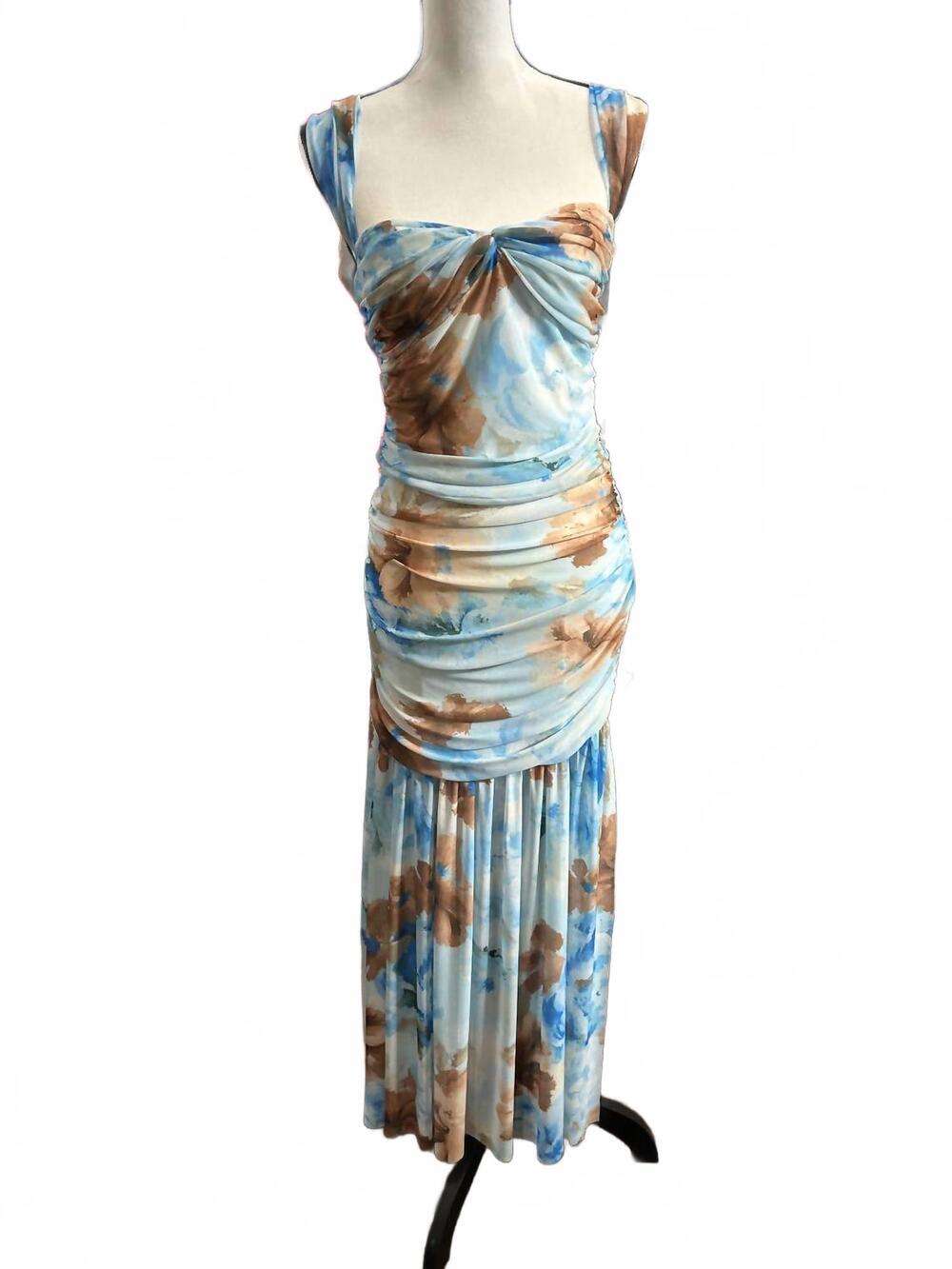 NEW PROMESA women's ruched floral maxi dress in blue and white